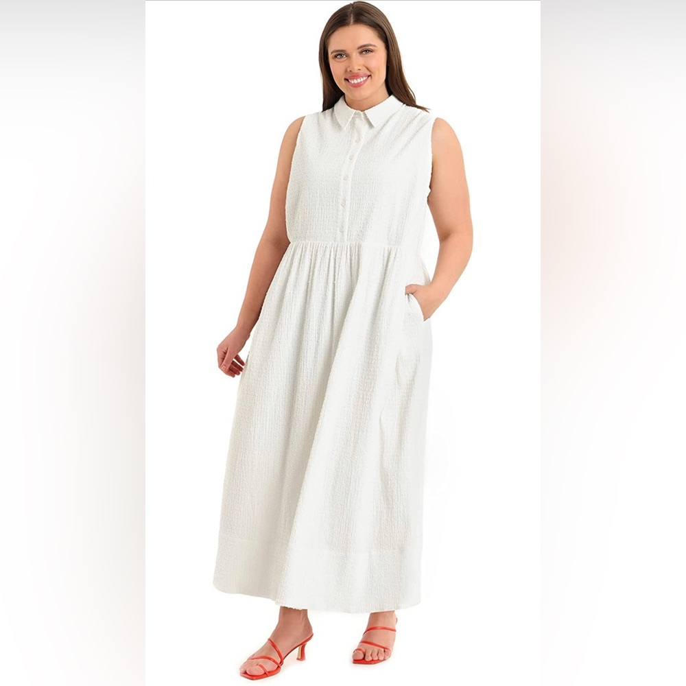 NWT Maggy London Maxi Ivory Textured Sleeveless Daytime Shirtdress